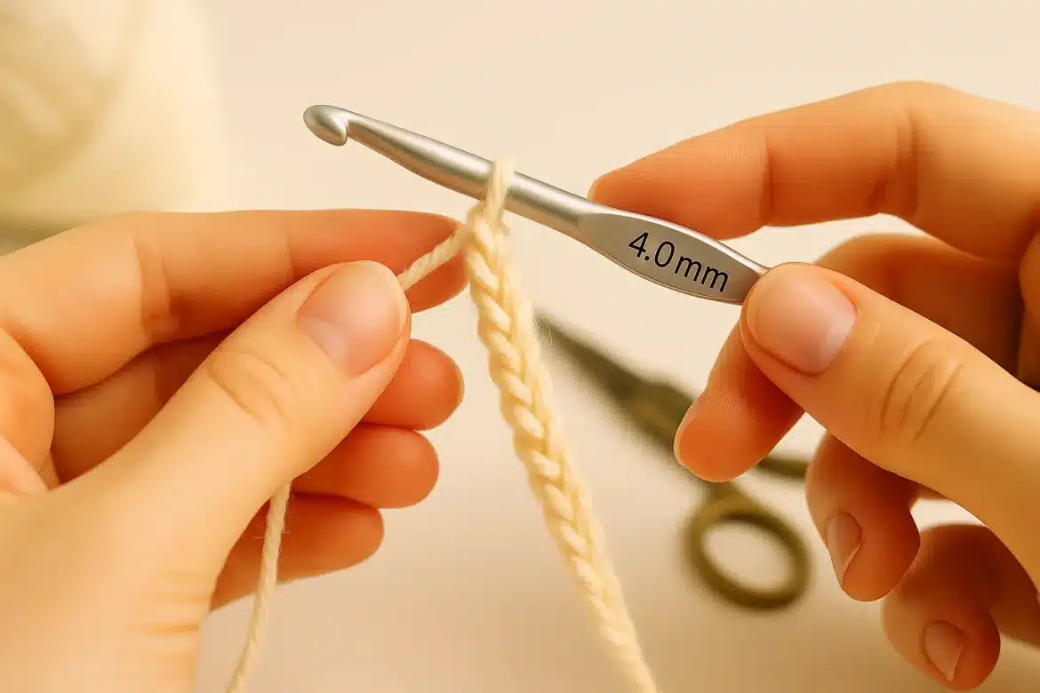 Hands showing how to single crochet with cream yarn and a 4.0 mm crochet hook