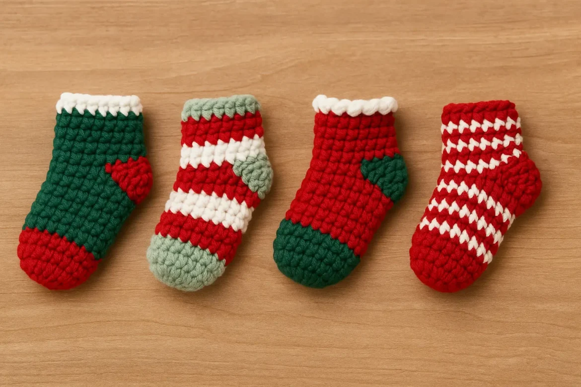 crochet mini Christmas stocking pattern finished mini socks on wooden table