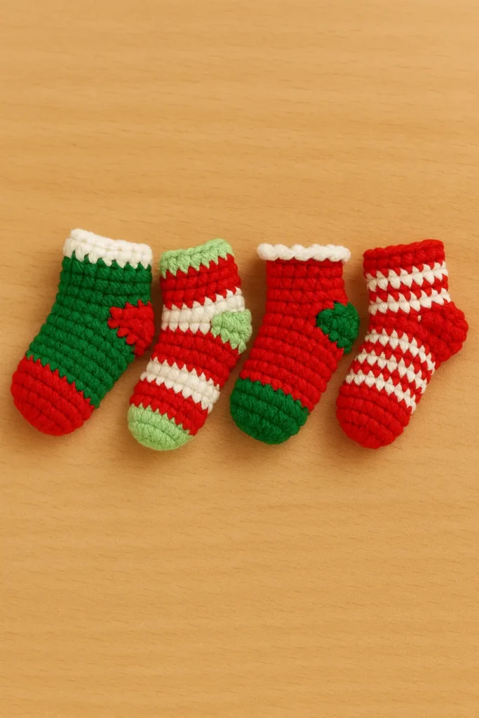 crochet mini Christmas stocking pattern four colorful mini socks on light wood background