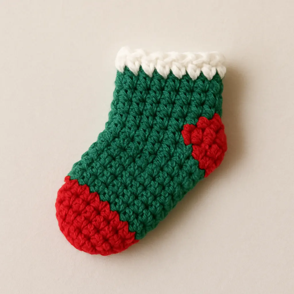 crochet mini Christmas stocking pattern close up of green sock with red heel