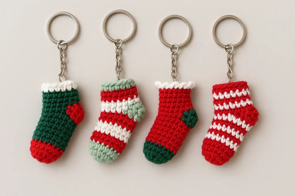crochet mini Christmas stocking pattern keychain set of four mini socks