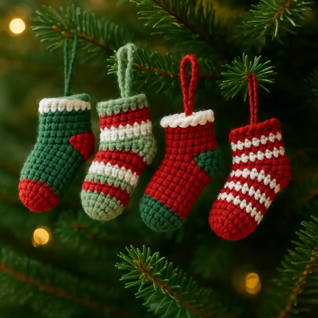 crochet mini Christmas stocking pattern ornaments hanging on Christmas tree