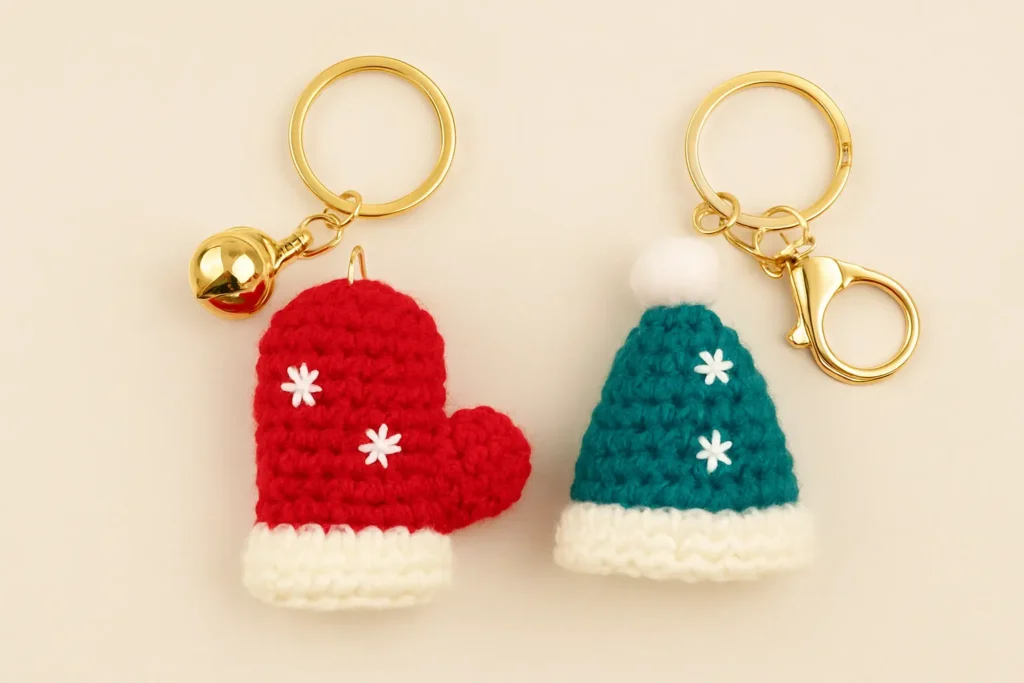 free crochet mitten ornament pattern with matching hat keychain