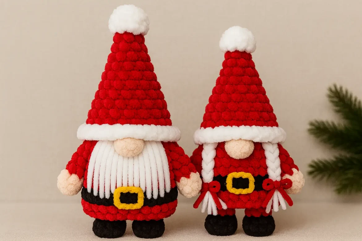 free crochet Santa Claus gnome pattern – plush Santa and Mrs Claus gnomes made with red and white plush yarn