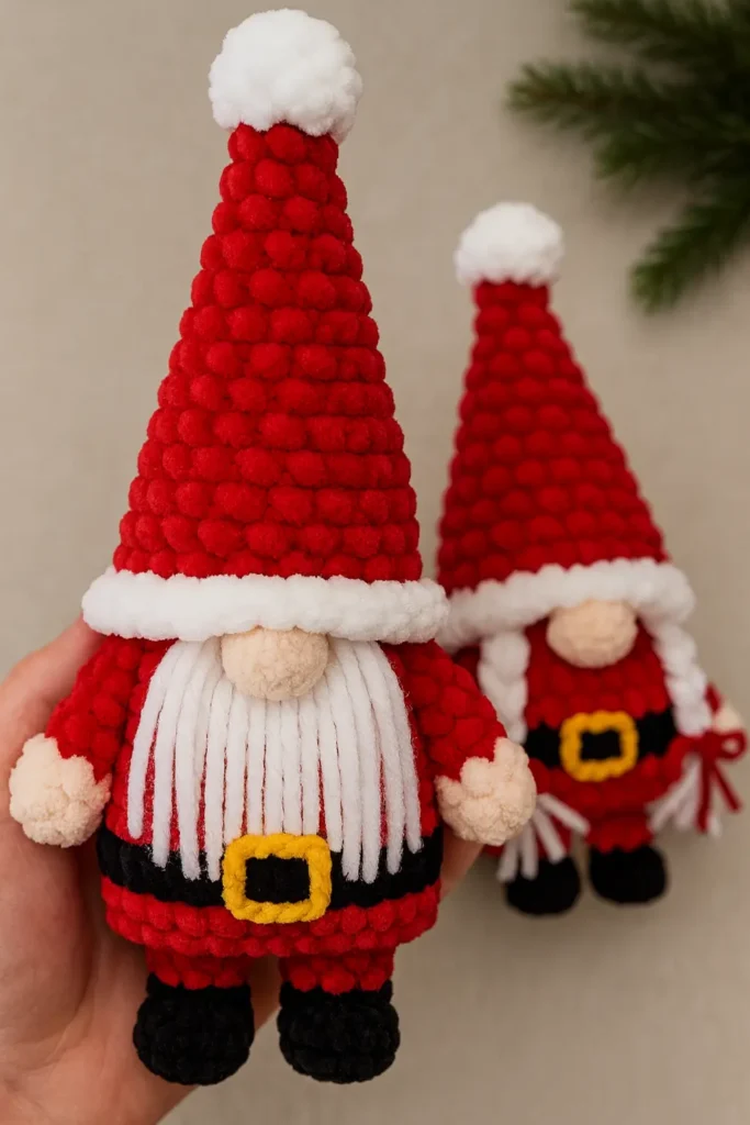 free crochet Santa Claus gnome pattern – squishy plush Santa gnome doll with tall red hat, white beard and yellow belt buckle held in hand