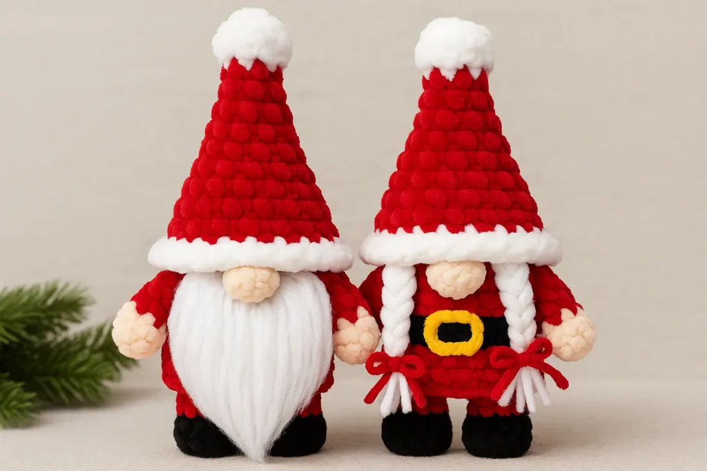 free crochet Santa Claus gnome pattern – Santa gnome with long white beard and Mrs Claus gnome with white braids in matching red outfits