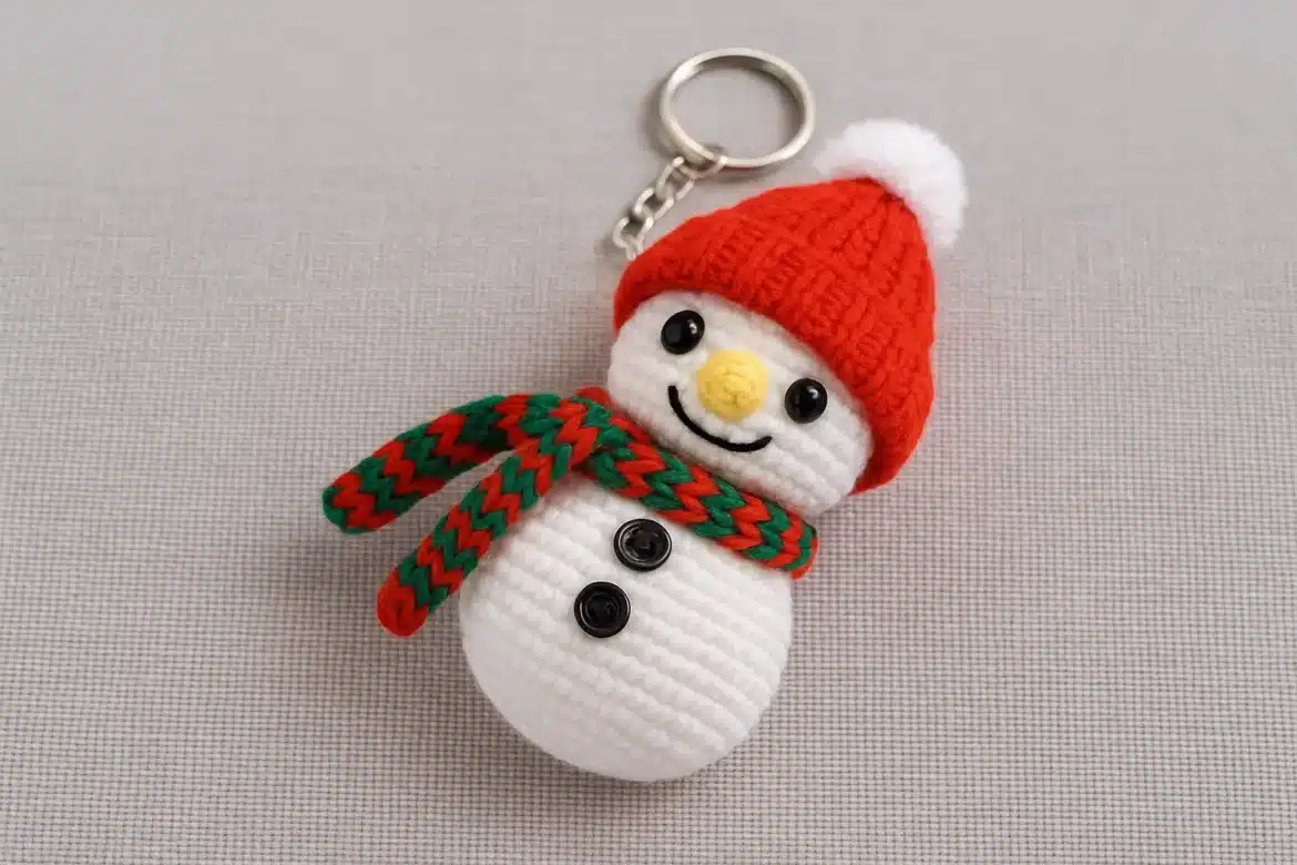 Crochet snowman keychain with red hat and green-red striped scarf lying on a grey surface