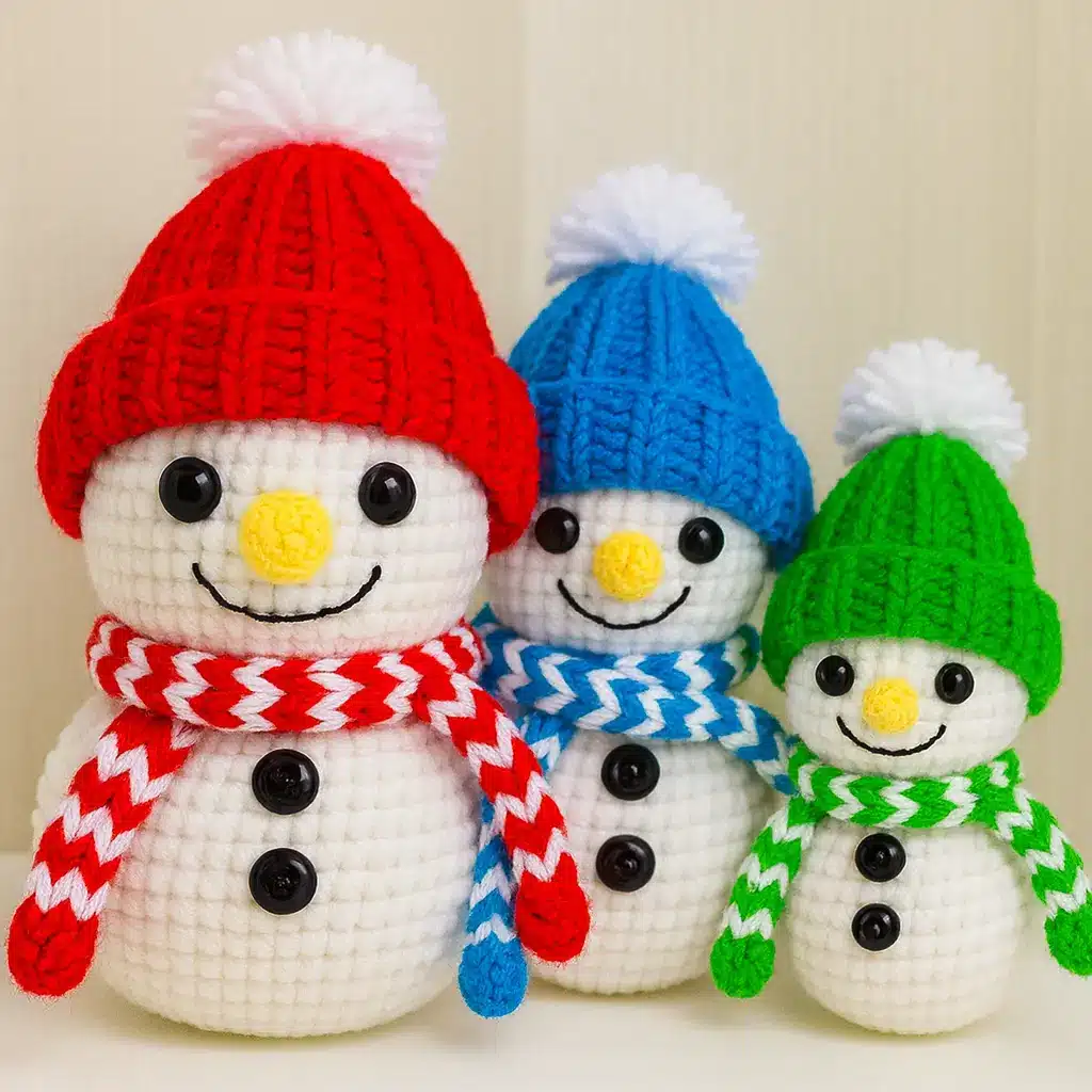Three crochet snowmen with red, blue and green hats and matching striped scarves