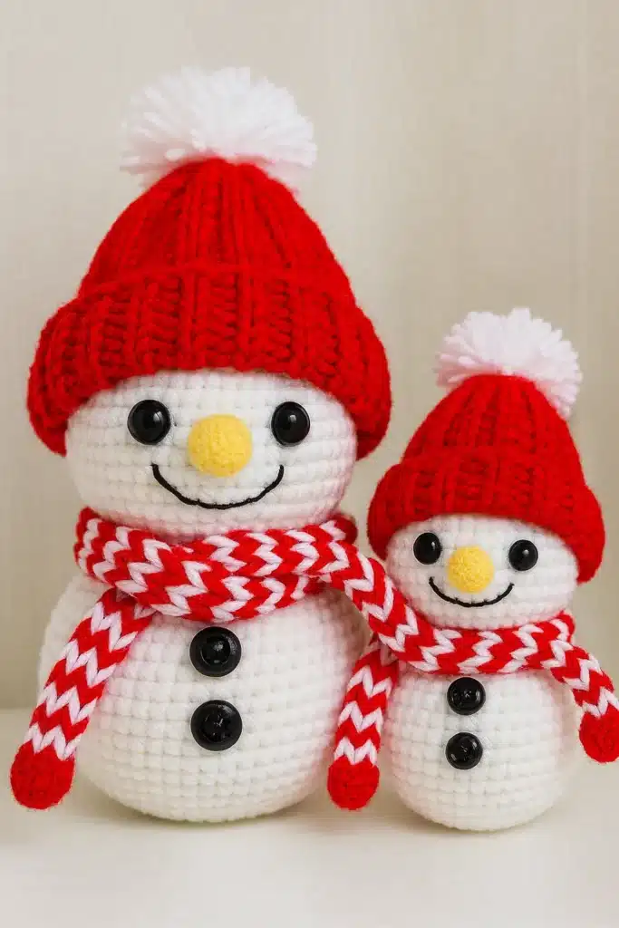 Big and small crochet snowman with red hats and red-white striped scarves from a free crochet snowman pattern