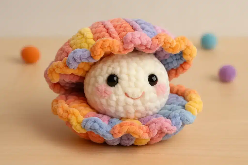 Free crochet clam shell pattern with rainbow chenille shell and smiling pearl