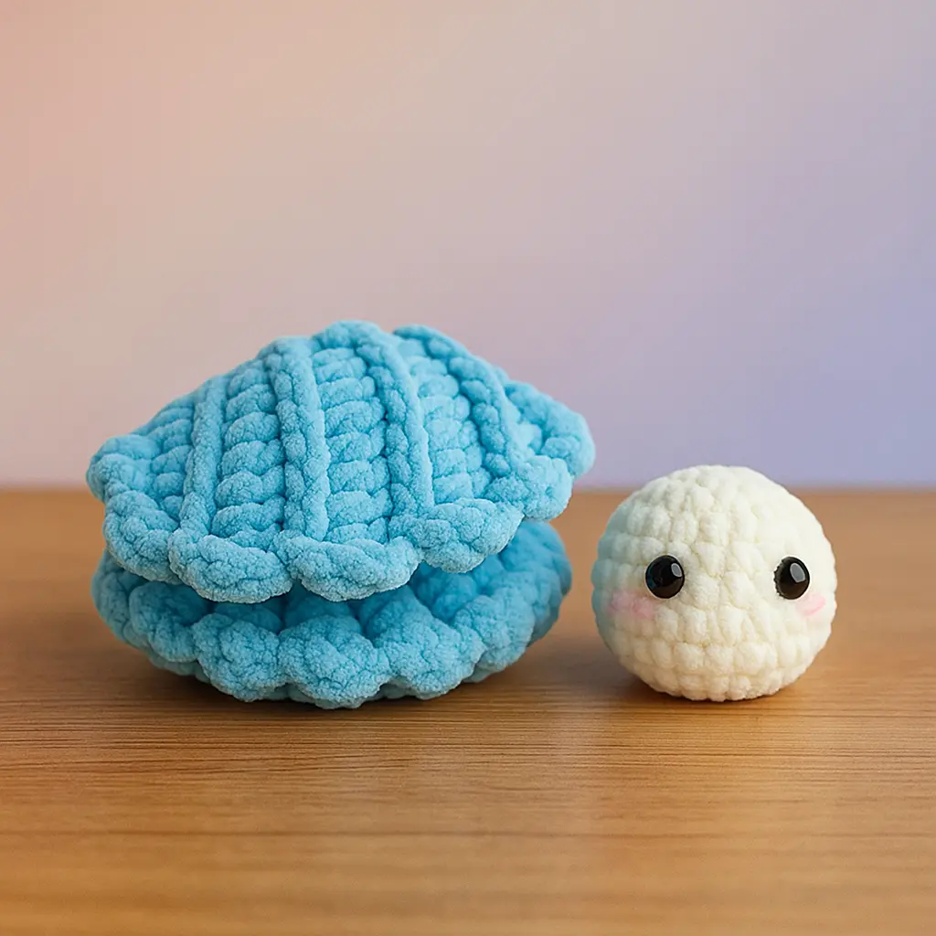 Crochet clam shell pattern pieces with closed blue shell and separate pearl