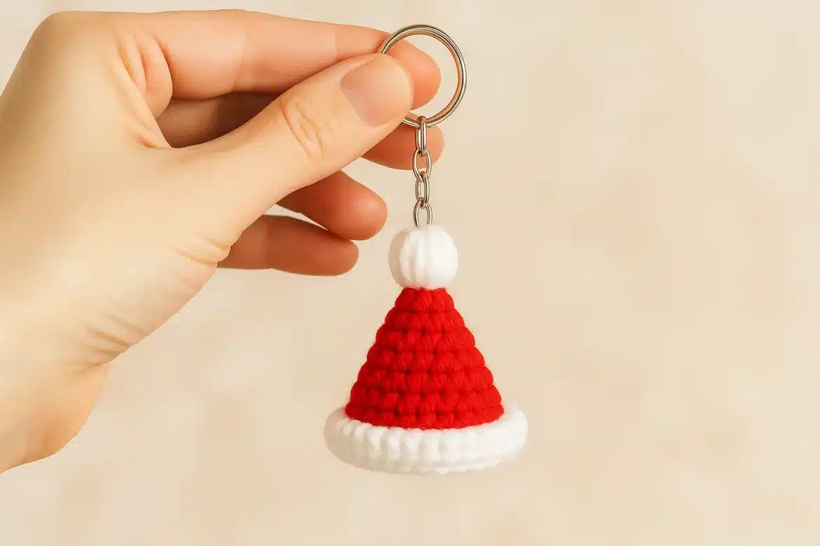 mini santa hat crochet pattern keychain held in hand
