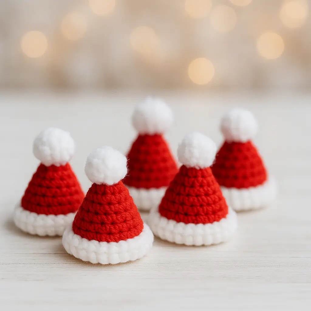 set of small crochet santa hats with white brims and pom-poms