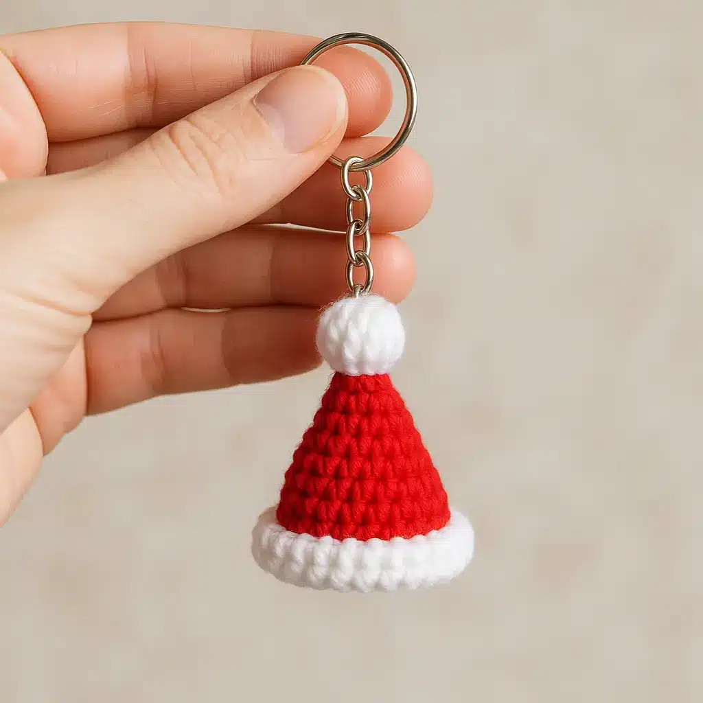 crochet mini santa hat keychain with red cone and white pom-pom