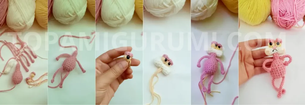 pink cat amigurumi pattern free assembly steps sewing face parts and attaching limbs