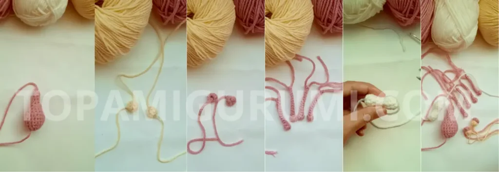 pink cat amigurumi pattern free crochet steps showing body, eyes, ears, arms and cheek pieces