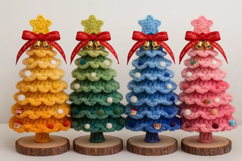 Four rainbow ruffle crochet Christmas trees in yellow, green, blue and pink