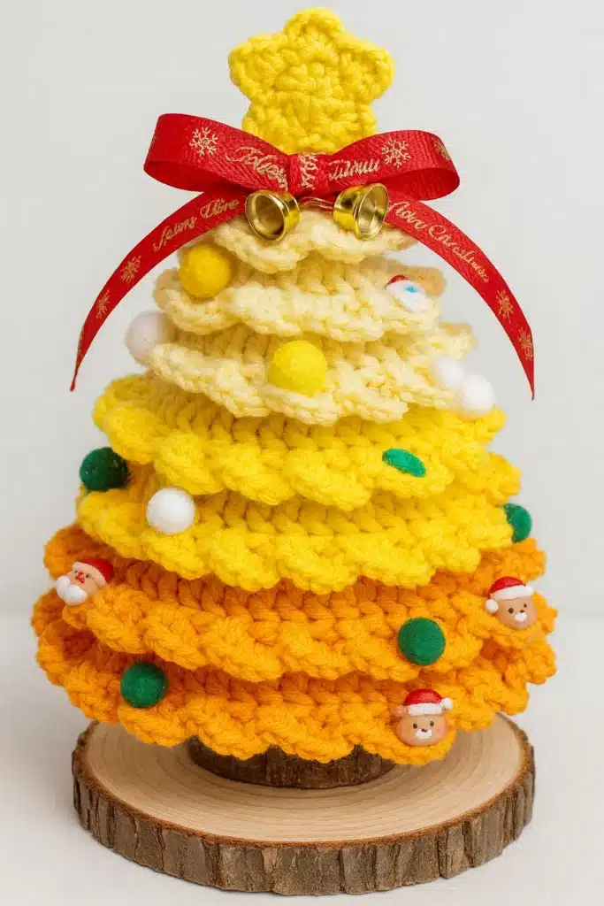 Close-up of rainbow ruffle free crochet Christmas tree pattern in yellow and orange