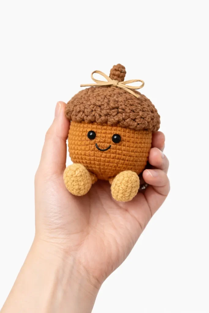 Amuseable acorn crochet pattern free – hand-held acorn plush showing size and texture