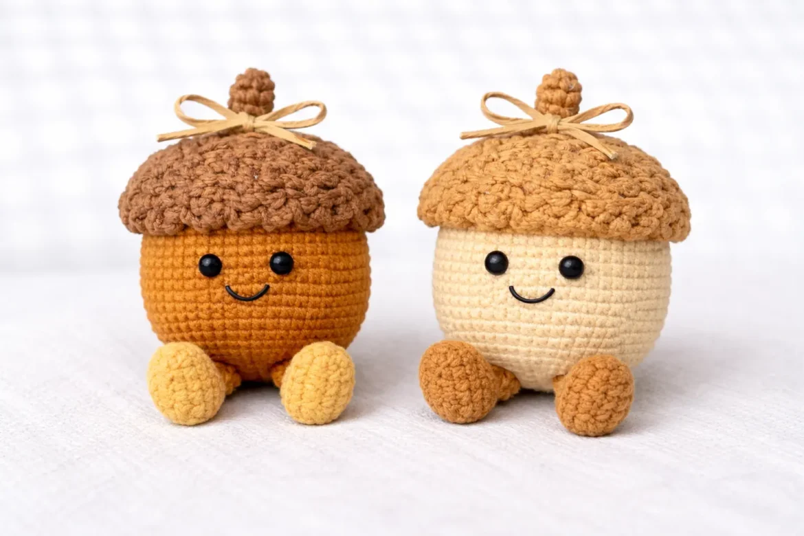 Amuseable acorn crochet pattern free – two color variations of acorn amigurumi with bumpy cap texture
