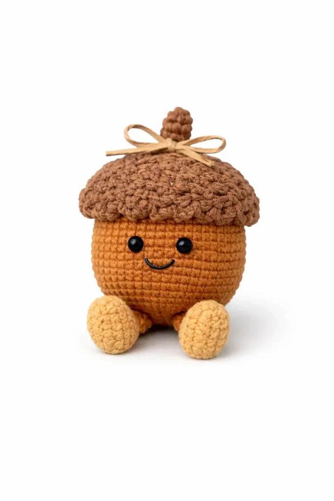 Amuseable acorn crochet pattern free – cute bumpy cap acorn amigurumi with bow and tiny feet