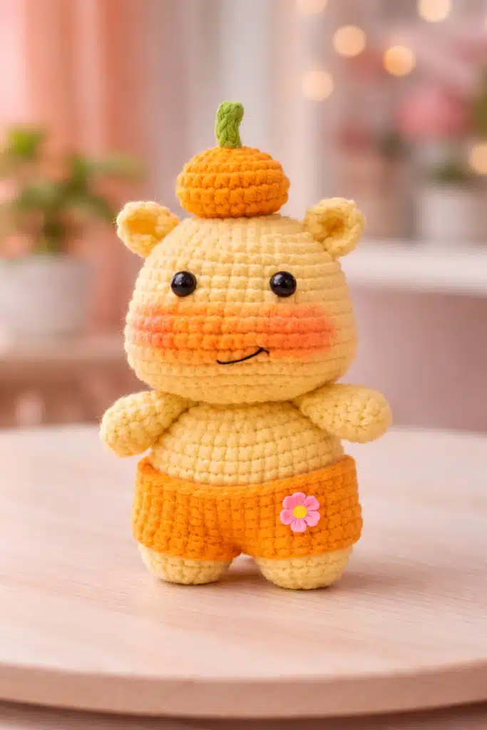 Lulu the Capy-Hippo amigurumi with mini pumpkin accessory and orange shorts — capybara crochet pattern free.
