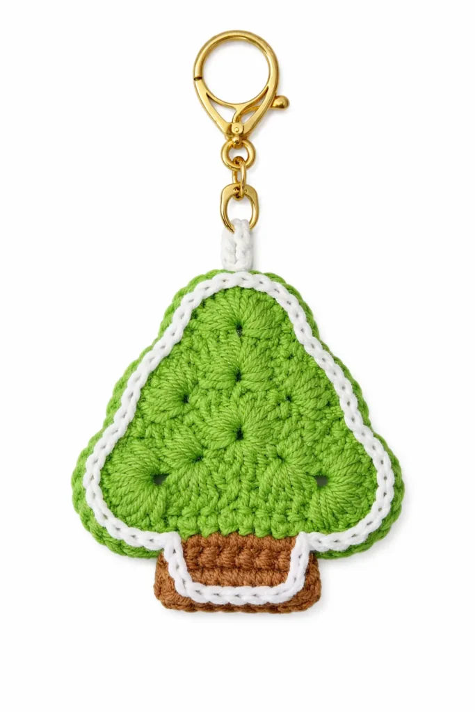 Crochet Christmas tree applique pattern close-up of a green tree keychain with white border, brown trunk, and gold clasp