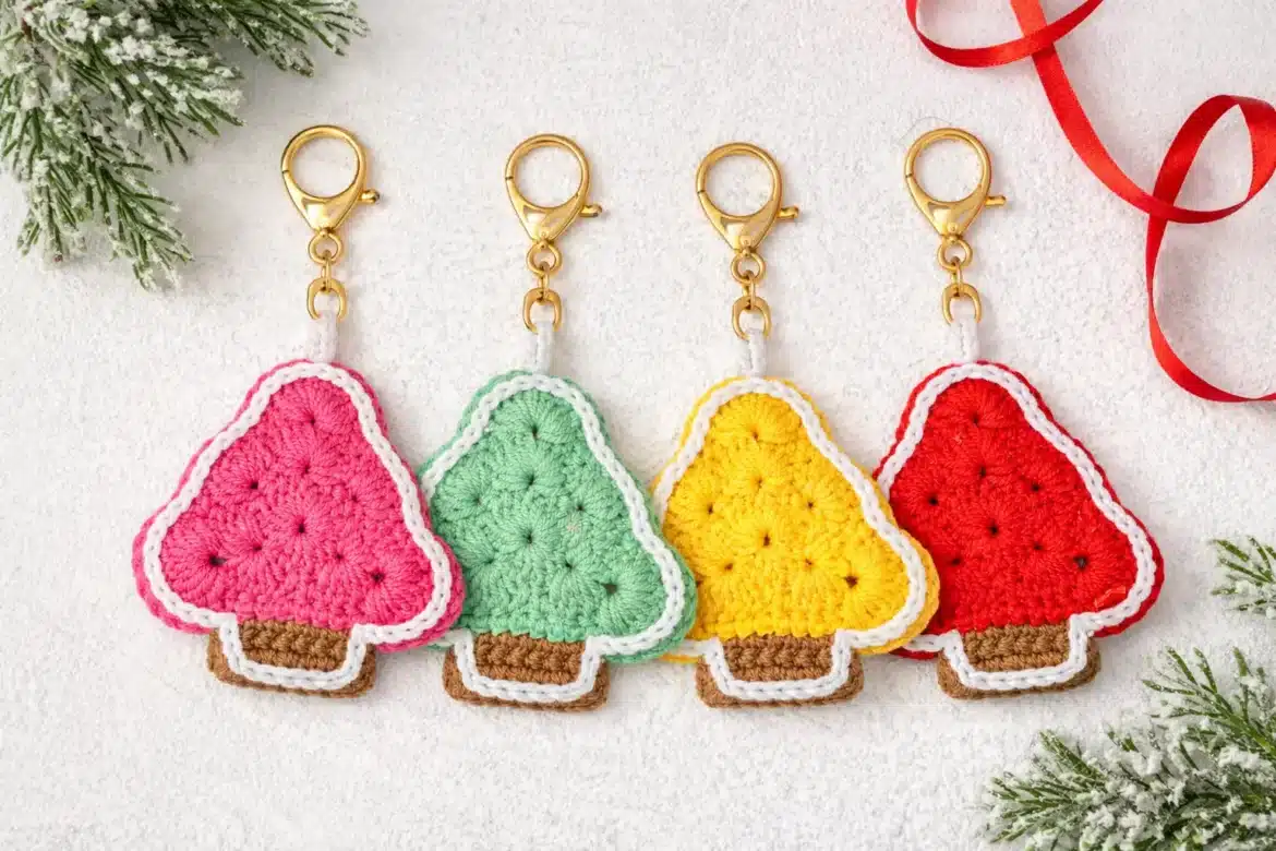 Crochet Christmas tree applique pattern keychains in pink, mint, yellow, and red with white border and brown trunk