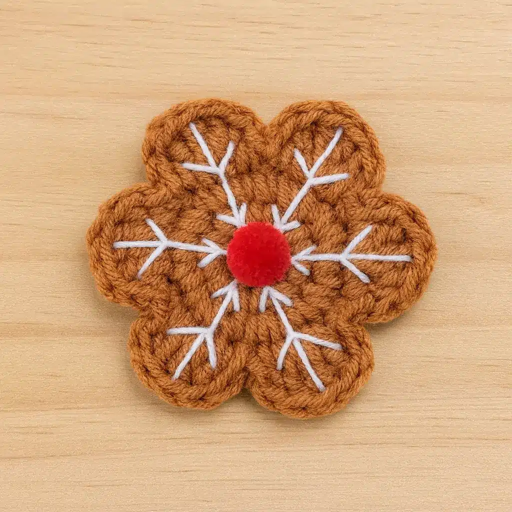 crochet gingerbread snowflake applique pattern finished flat snowflake applique with red pompom