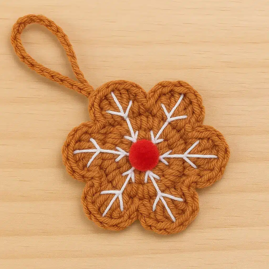 crochet gingerbread snowflake applique pattern with hanging loop for ornament or gift tag