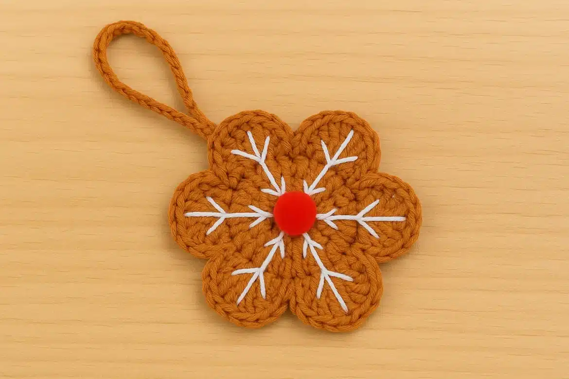 crochet gingerbread snowflake applique pattern ornament with hanging loop and red pompom