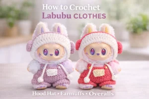 Labubu clothes crochet pattern – two Labubu outfits with hood hat, earmuffs, and overalls (purple + red)