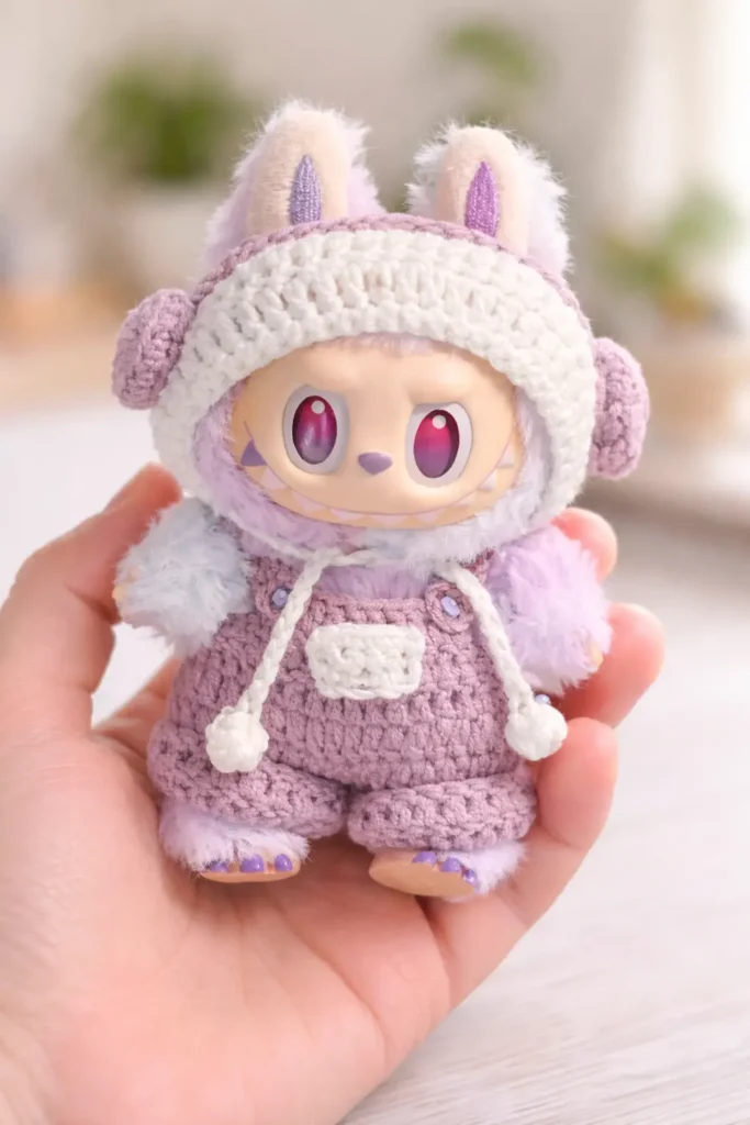 Labubu clothes crochet pattern – hand-held finished Labubu outfit with hood hat, earmuffs, and overalls