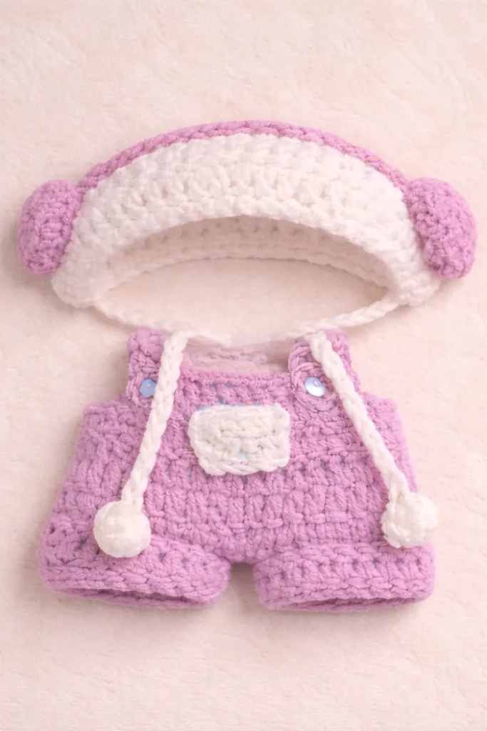 Labubu clothes crochet pattern – full set laid flat with hood hat, earmuffs, and overalls before dressing Labubu