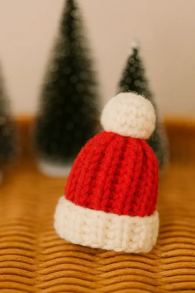 crochet mini santa hat pattern close up on wicker tray