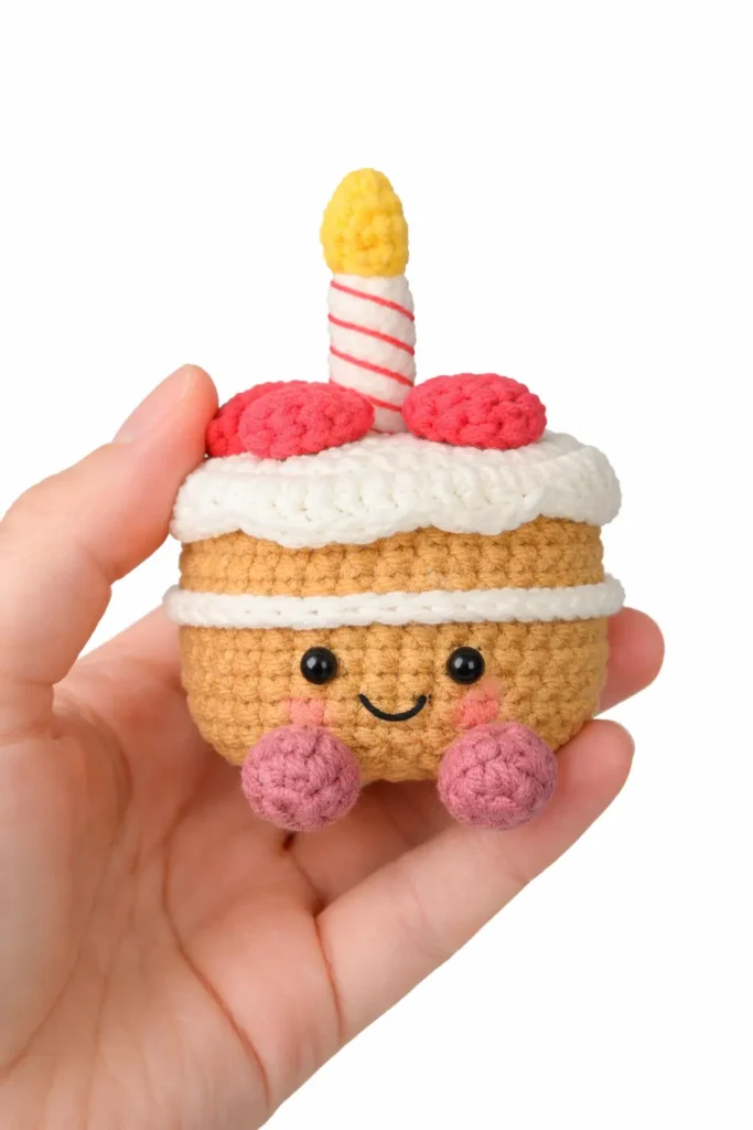 Crochet birthday cake assembly steps showing frosting lid, candle, strawberries, and legs placement for Jellycat-inspired keychain