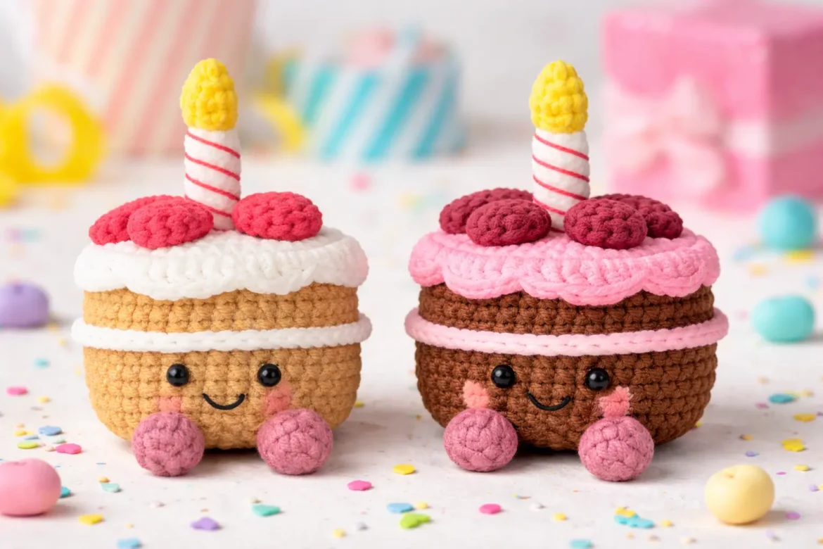 Crochet birthday cake pattern in progress showing cake body rounds and frosting lid with drippy edge in Jellycat-inspired style