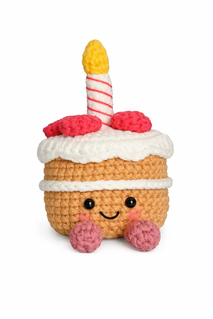 Finished crochet birthday cake Jellycat-inspired mini keychain with cute face, legs, strawberries, and candle