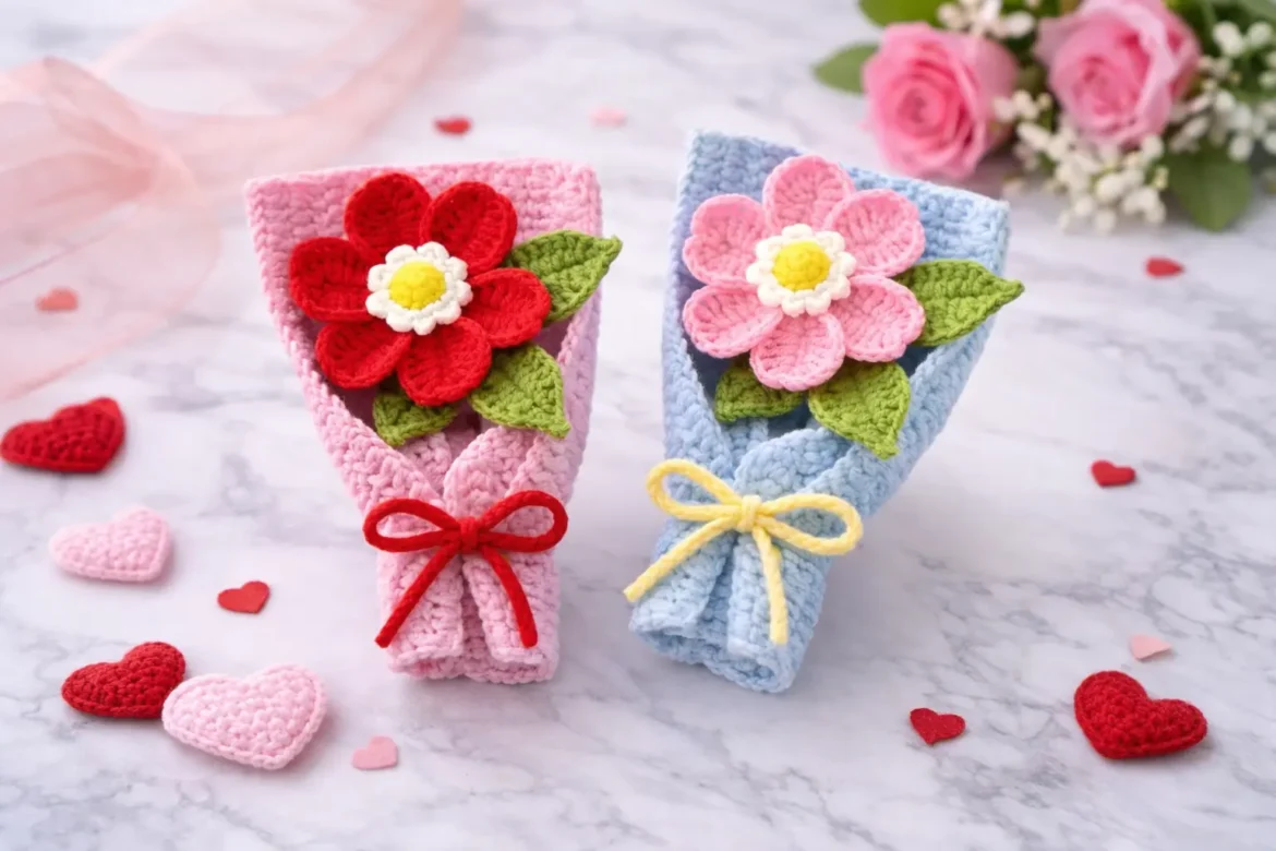Crochet mini flower bouquet in pink and blue wrappers with handmade flowers and tied bows