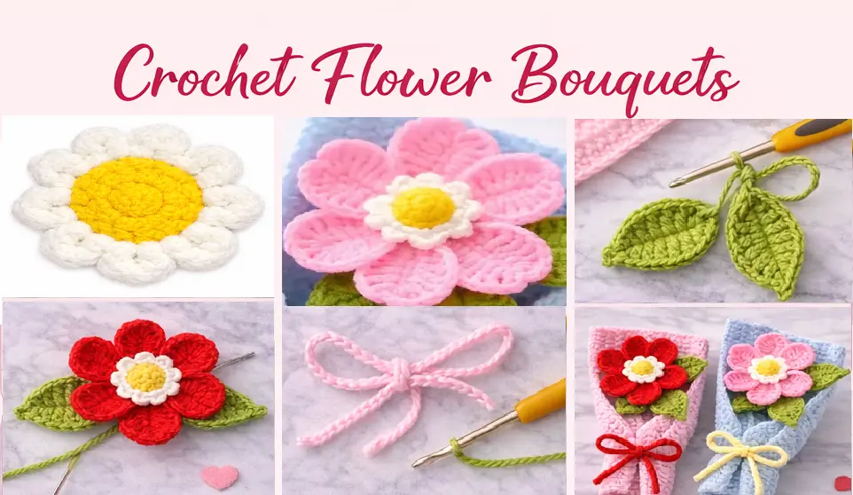 Crochet mini flower bouquet step-by-step collage showing flower center, petals, leaves, tie, and finished wrapped bouquets