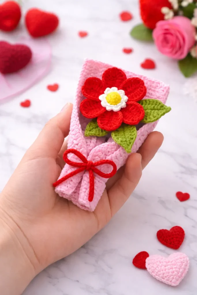 Crochet mini flower bouquet Valentine version in a pink wrapper with a red flower, held in hand