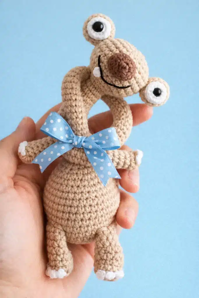 Long neck Sid crochet pattern finished amigurumi sloth held in hand with blue ribbon bow