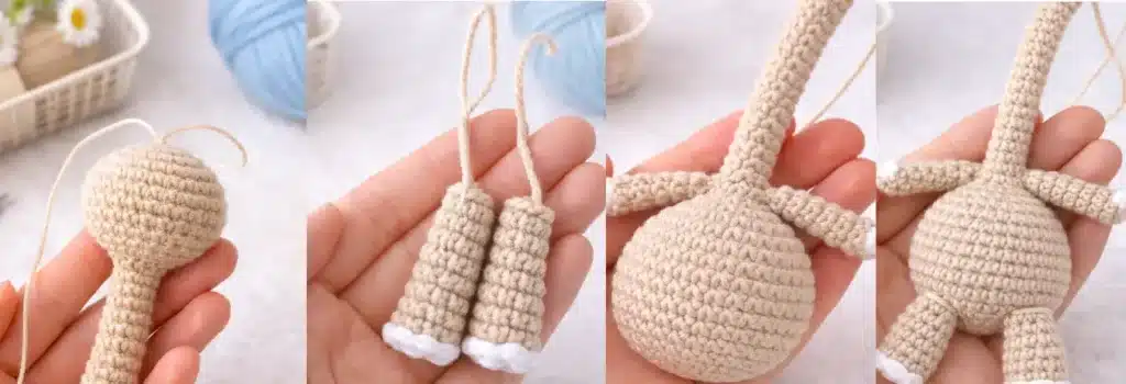 Long neck Sid crochet pattern step-by-step collage showing head neck body arms and legs assembly
