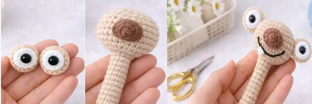 Sid the sloth amigurumi pattern face steps with eyes nose teeth and embroidered smile placement