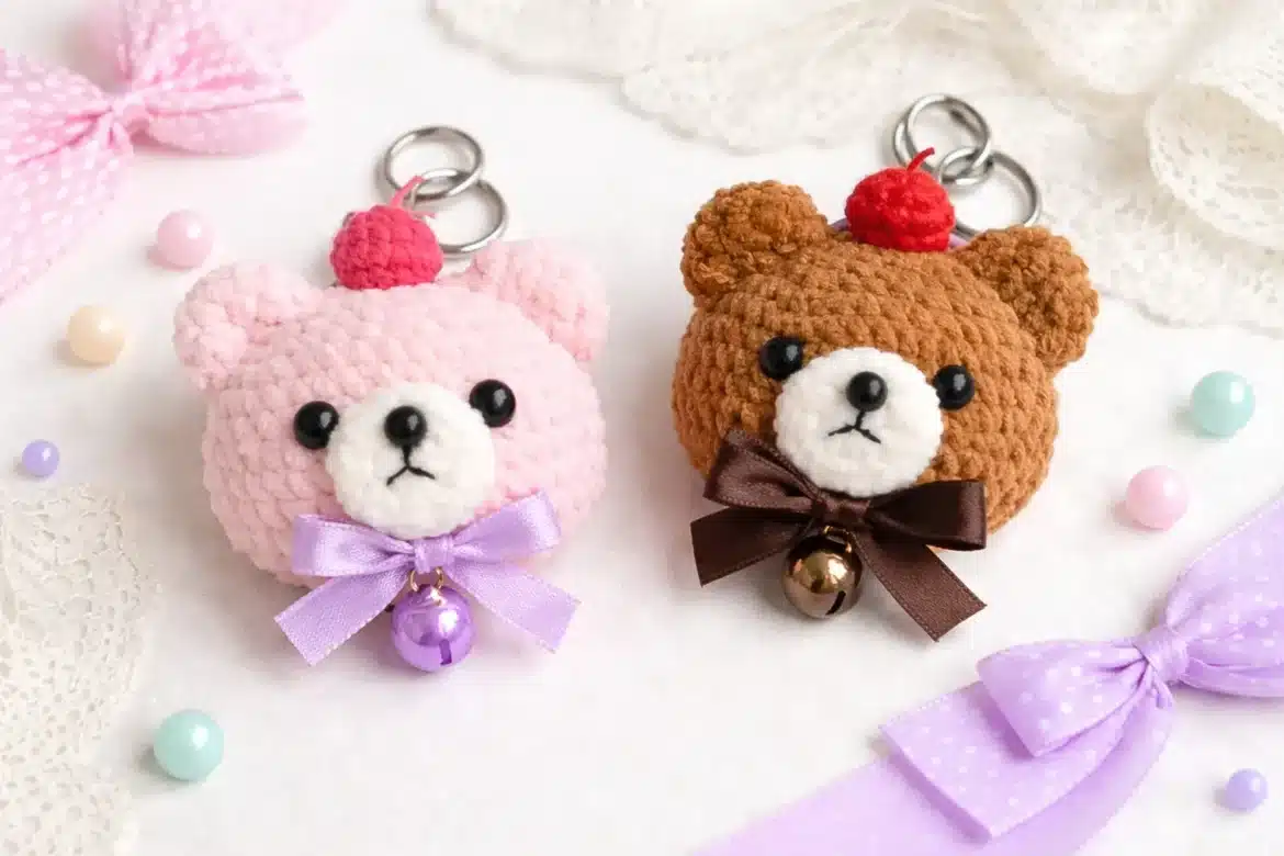 Mini bear crochet keychain pattern free in pink and brown plush yarn with ribbon bows and bell charms.