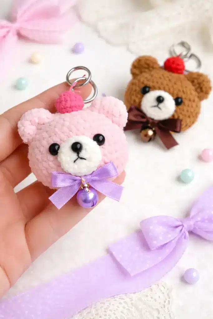 Mini bear crochet keychain pattern free with pink bear in foreground and brown color variation behind.