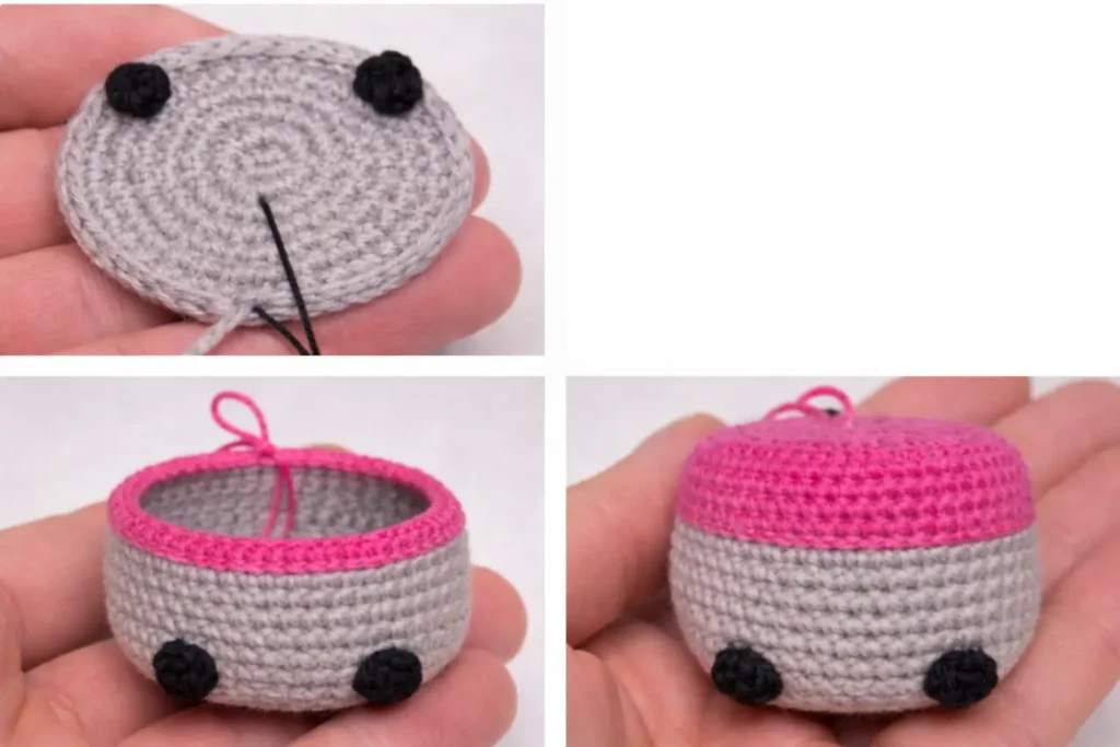 Valentine gnome crochet pattern steps showing the body base, foot placement, and hot pink trim rounds in progress.