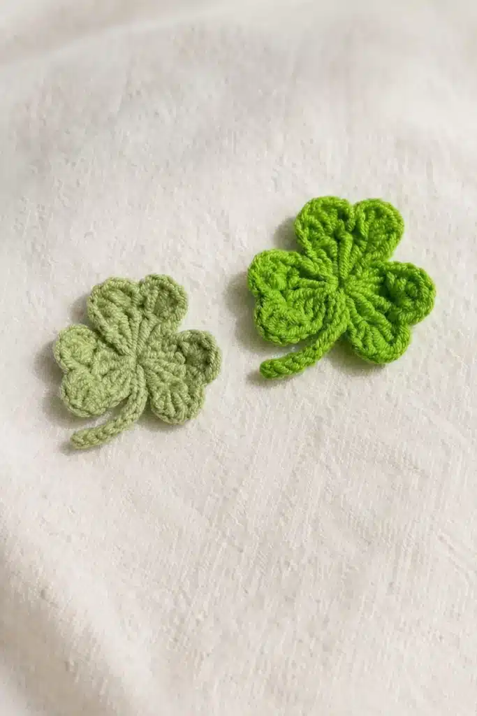 Lucky three-leaf clover crochet pattern final model in two green colors