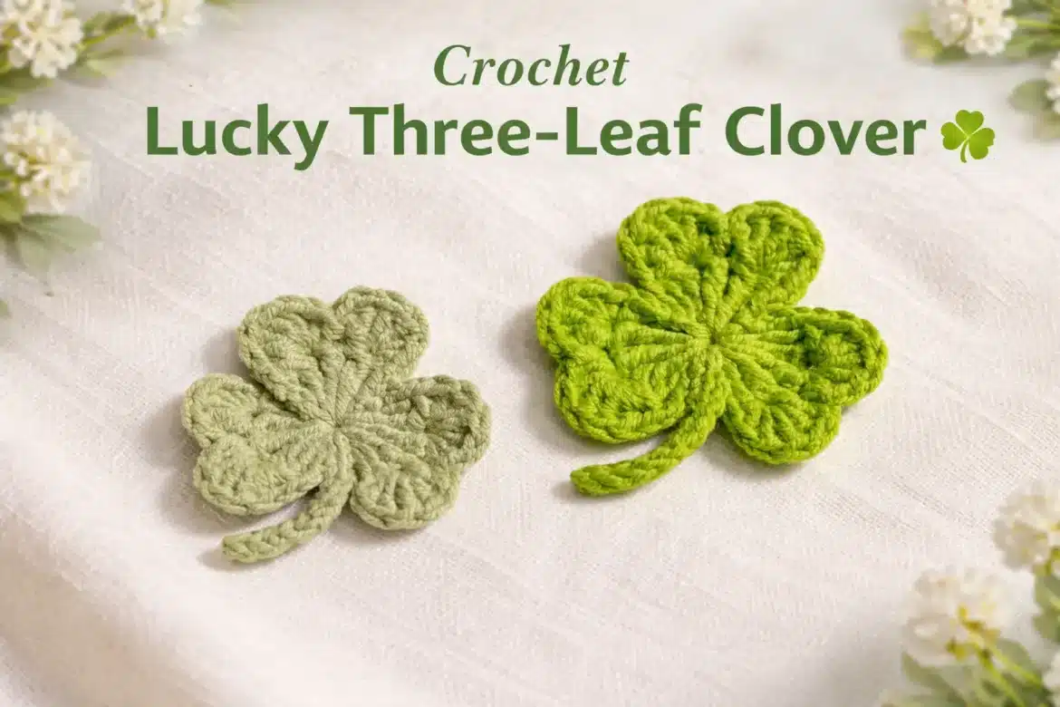 Lucky three-leaf clover crochet pattern with two finished green crochet clovers