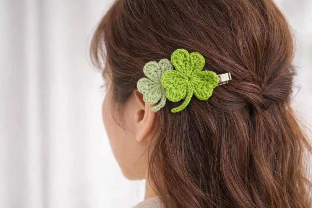 Lucky three-leaf clover crochet pattern hair clip worn in brown hair